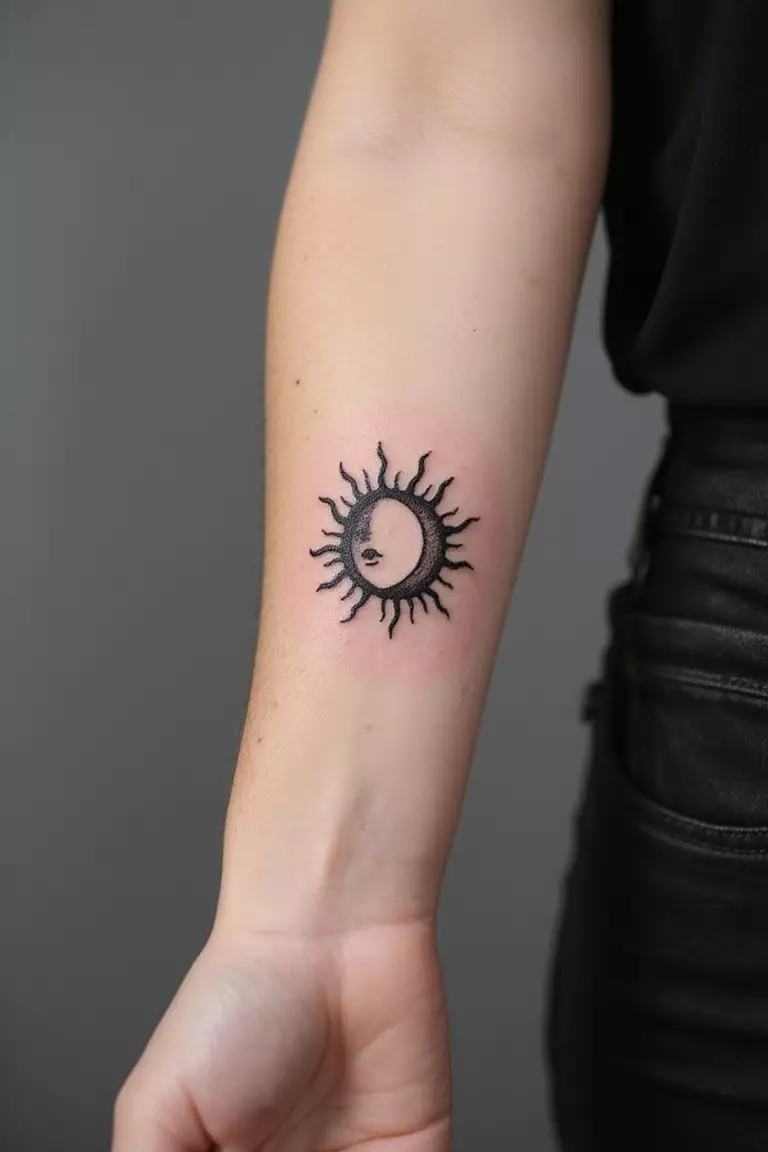 A close-up shot of a woman's arm with a black ink tattoo of a crescent moon nestled against a stylized sun.