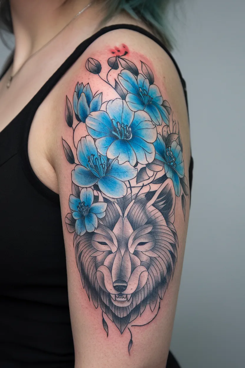 Blue Flowers and Wolf Tattoo for Women