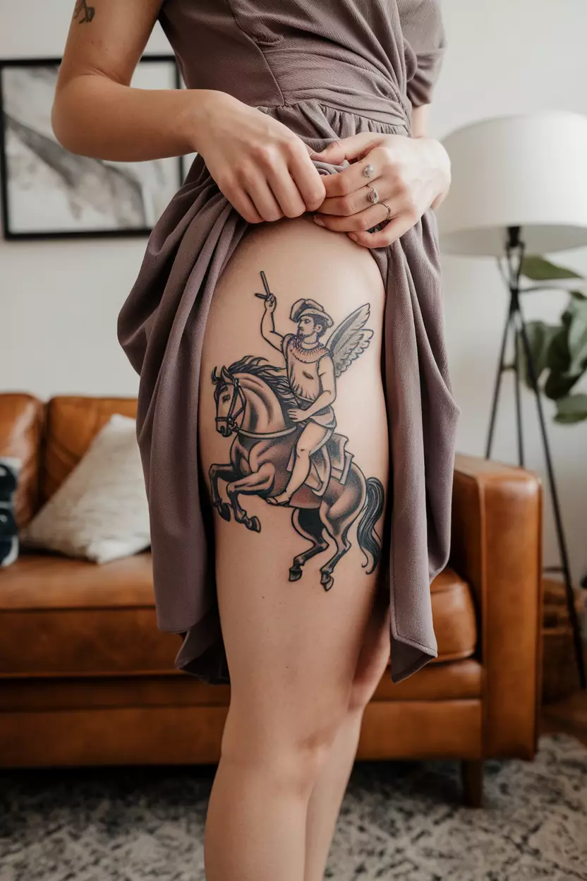 A photo of a woman with Napoleon riding a Pegasus horse tattoo, living room background.