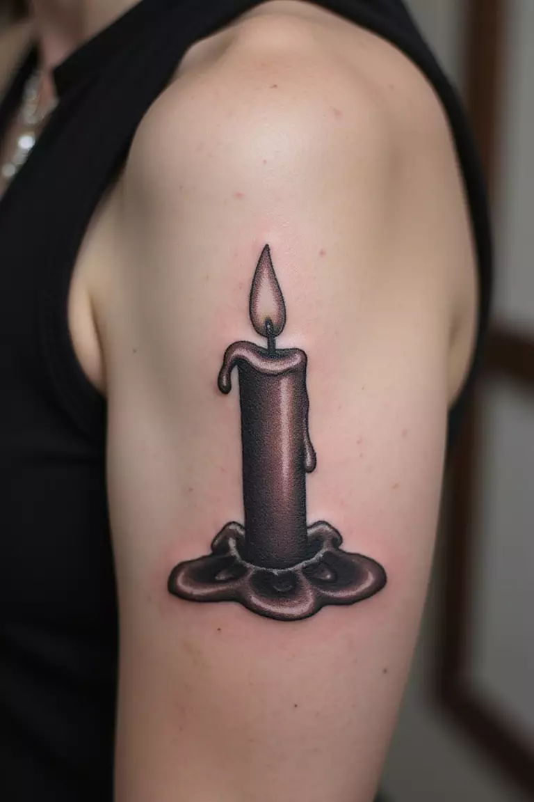 A close up shot of woman's arm with a black ink tattoo of a candle melting.