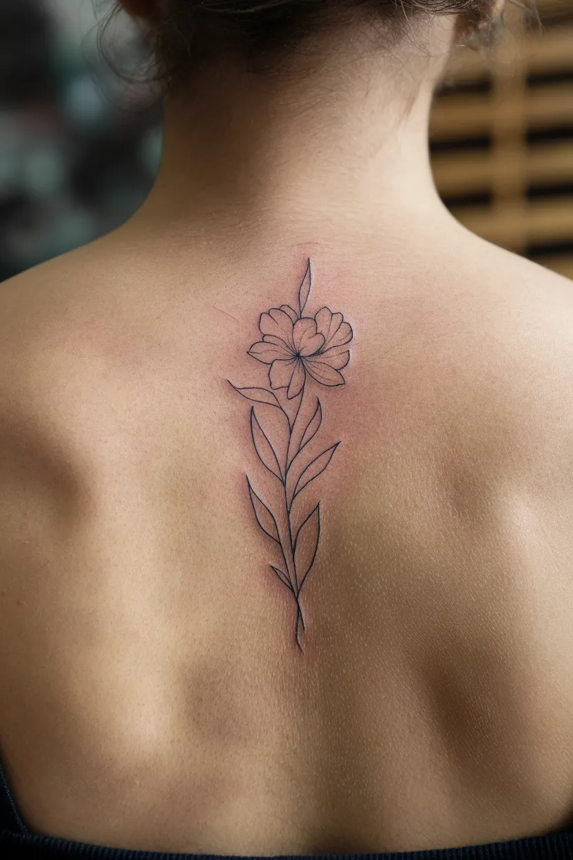 Simple Flower and Leaves Spine Tattoo