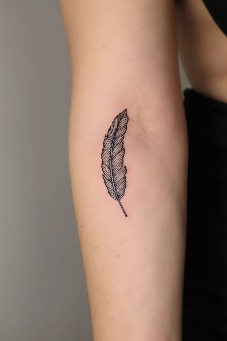 A close up shot of woman's arm with a black ink delicate line feather tattoo, showing fine details with minimal shading