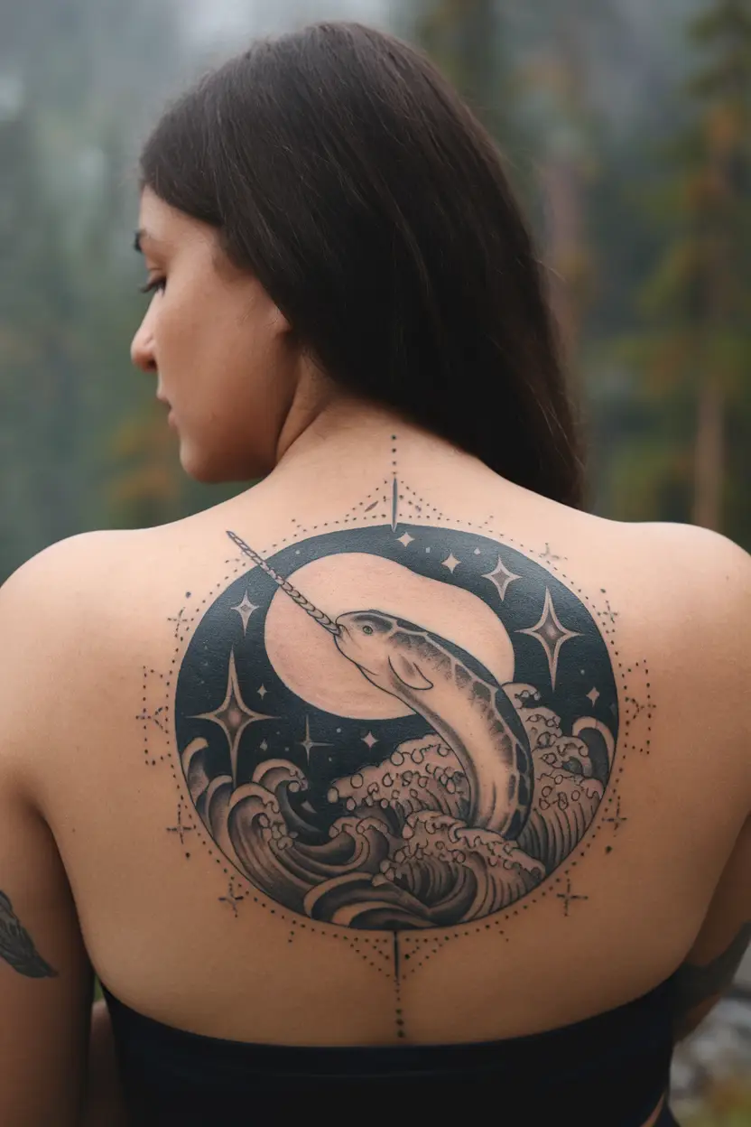 Breaching Narwhal in Moonlight