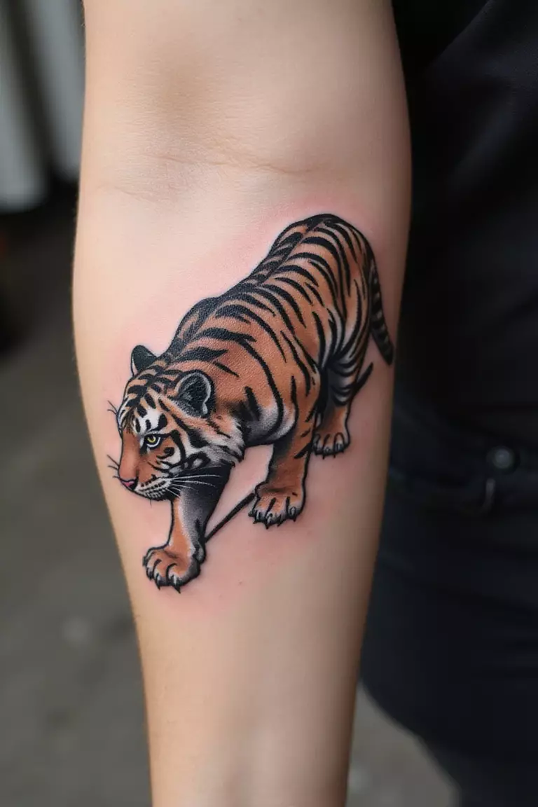 Crouching Tiger Pose A close-up shot of a woman's arm with a black ink tattoo of a tiger in a low, crouching position, ready to pounce.