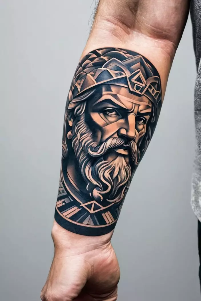 A close-up photo of a man showing his Zeus with geometric accents forearm tattoo, combining traditional imagery with modern geometric designs.  