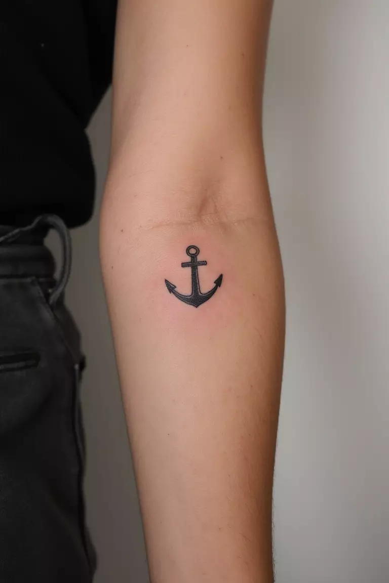 Small Anchor Tattoo A close up shot of woman's arm with a black ink small anchor tattoo.
