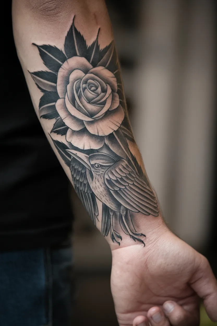 Neo-Traditional Rose Hand Tattoo With Bird