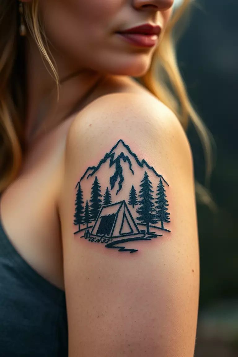 A photo of a woman with a camping mountain tattoo featuring a tent and pine trees nestled among the peaks.  