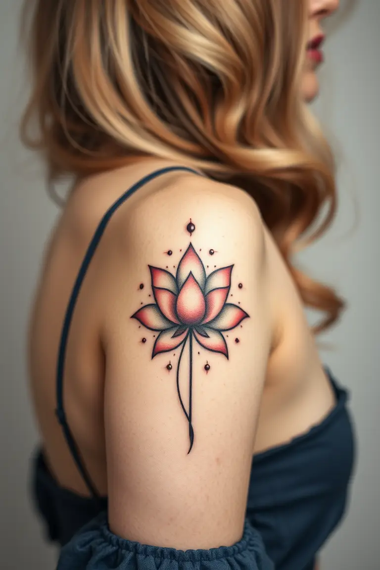 A close-up photo of a woman showing her whimsical back lotus flower arm tattoo design.