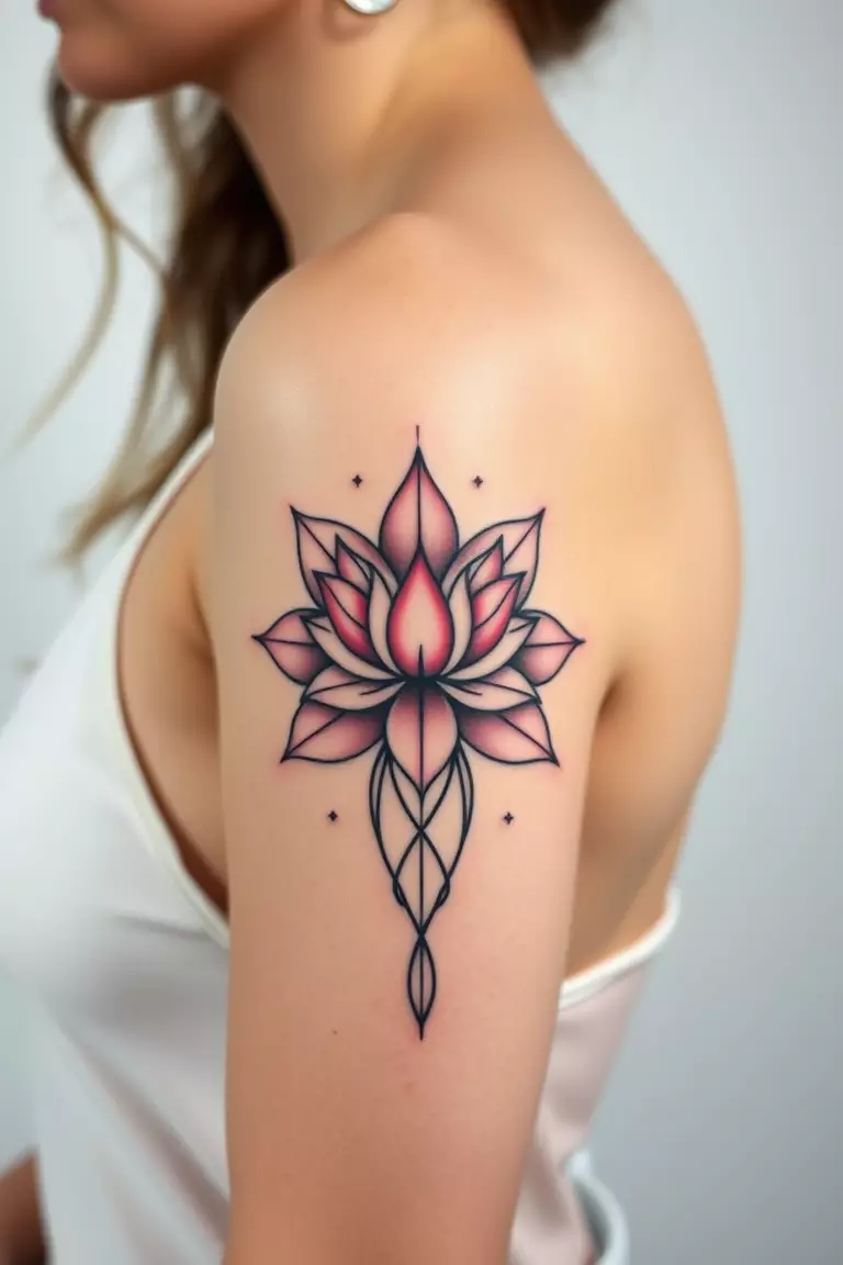 A close-up photo of a woman showing her elemental lotus flower arm tattoo design.  