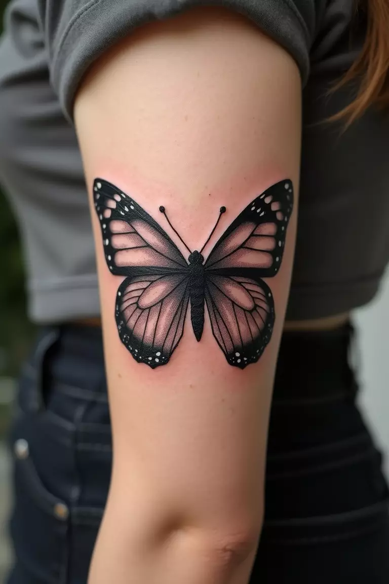 Butterfly Angel Wings A close-up shot of a woman's arm with a black ink tattoo of butterfly-style angel wings.