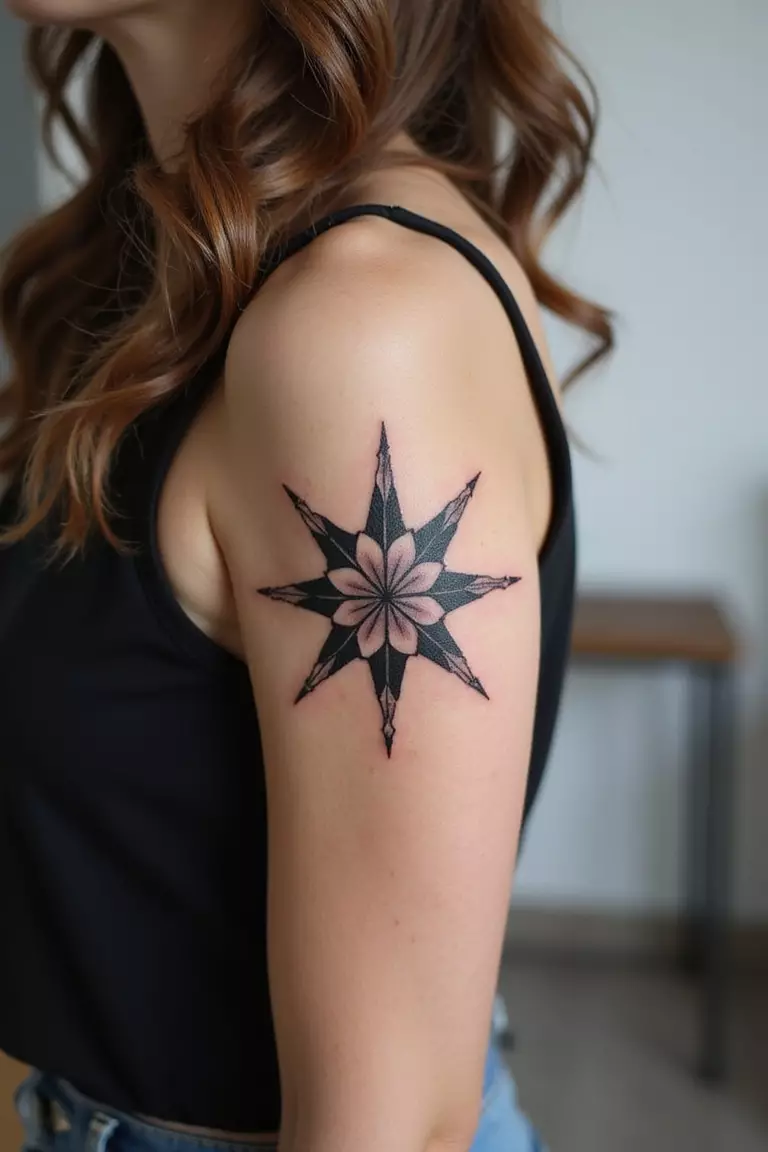 Nautical Star A close-up shot of a woman showing her black ink nautical star tattoo design on her arm