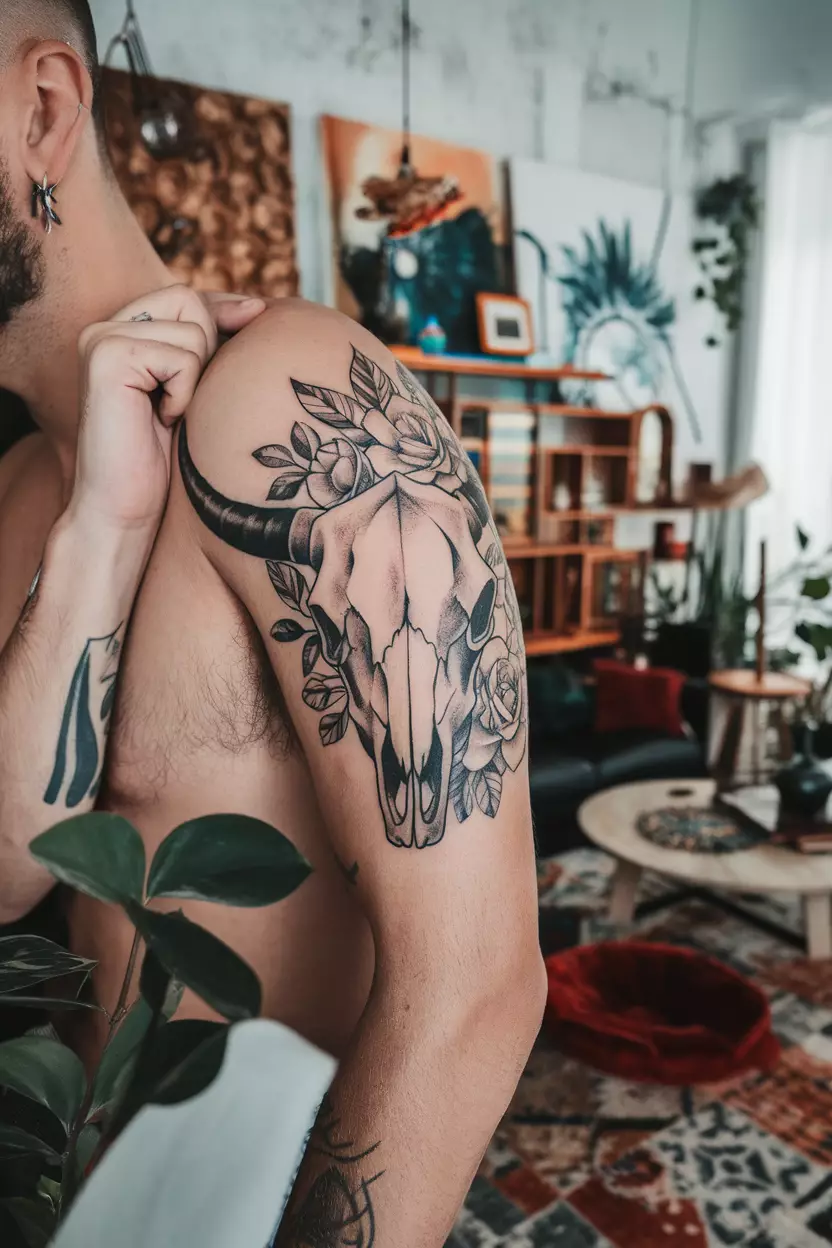 A close-up photo of a man showing his edgy Taurus skull tattoo on his bicep, combining the image of a bull skull with floral accents, set in an eclectic living room filled with unique decor items and artwork that resonate with the boldness of the tattoo.