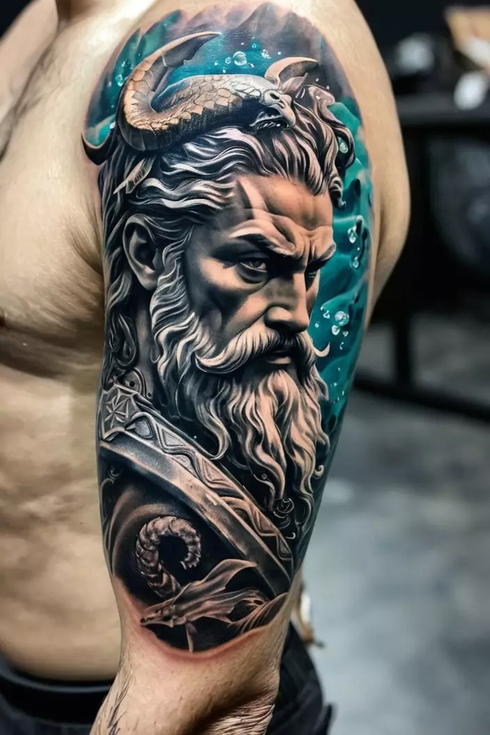 A photo of a man with a detailed Poseidon upper arm tattoo, highlighting the god s fierce expression and surrounding marine life.  