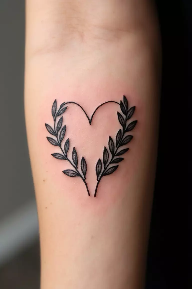 A close up shot of woman's arm with a black ink olive branch inside a heart shape tattoo  