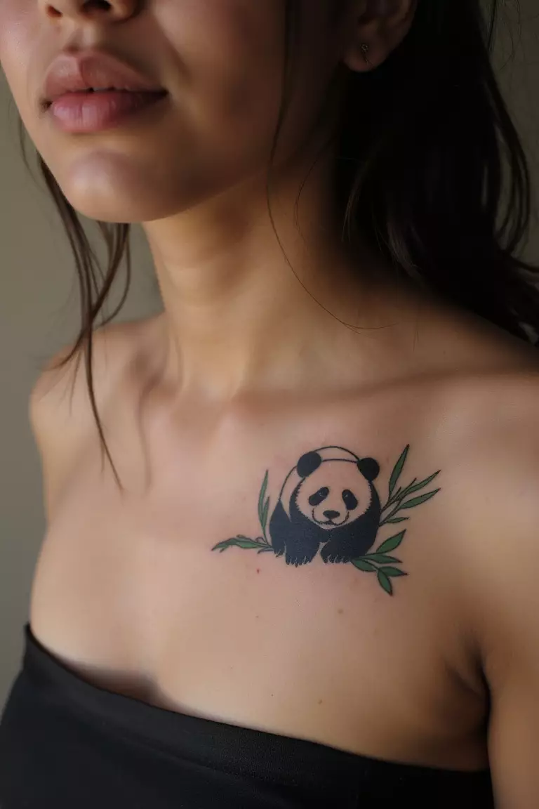 A close up shot of woman with precious rolling minimalist panda tattoos.  