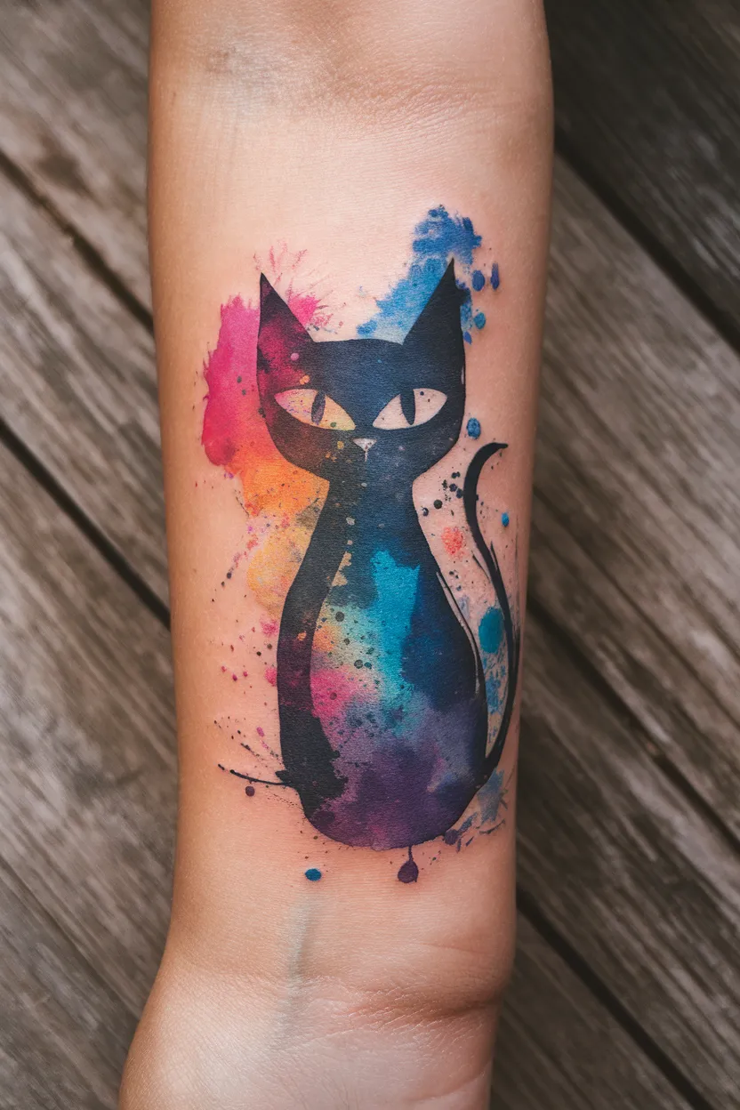 Abstract Black Cat Design With Watercolor Splashes