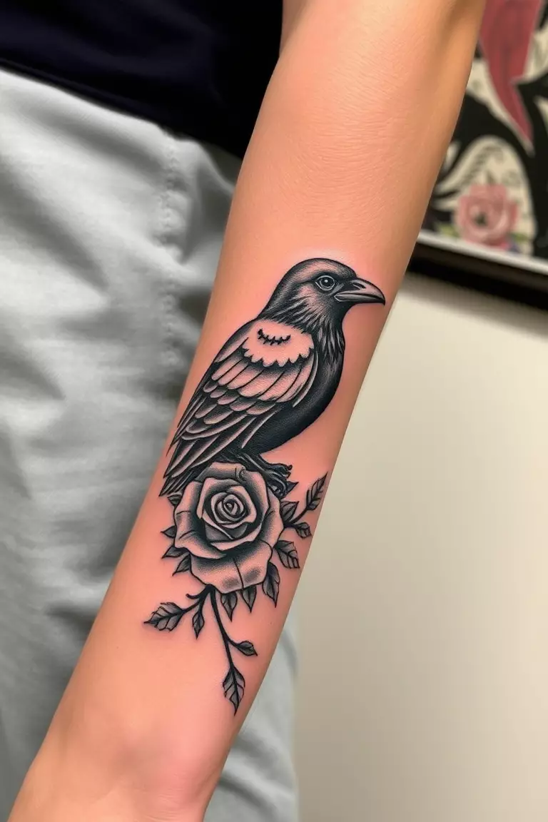 A photo of a woman with an intricate crow design entwined with a rose tattoo on her forearm, highlighting the detailed artwork.  