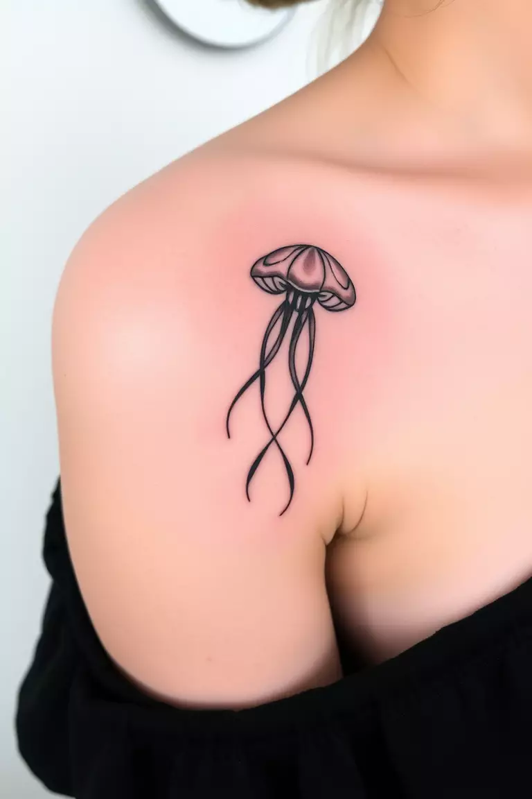 A close-up photo of a woman showing her minimalist jellyfish tattoo design.  