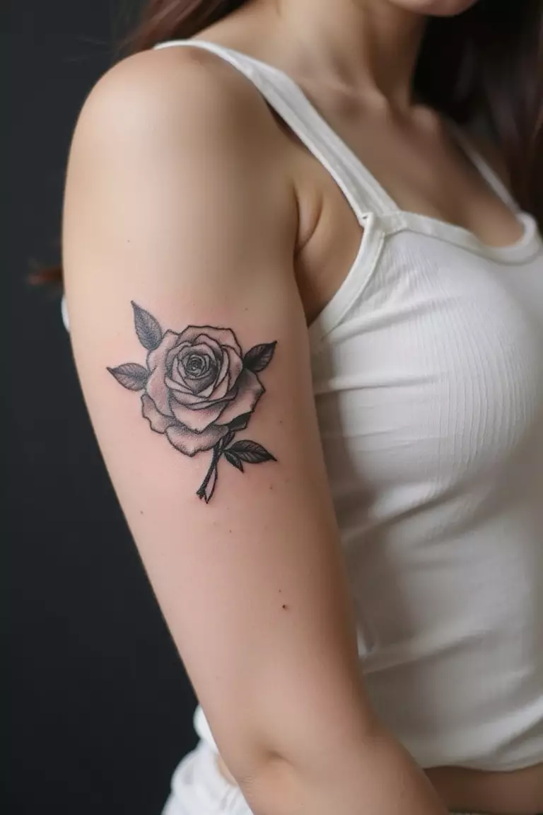 A close-up shot of a woman showing her black ink simple upside down rose tattoo on her arm.