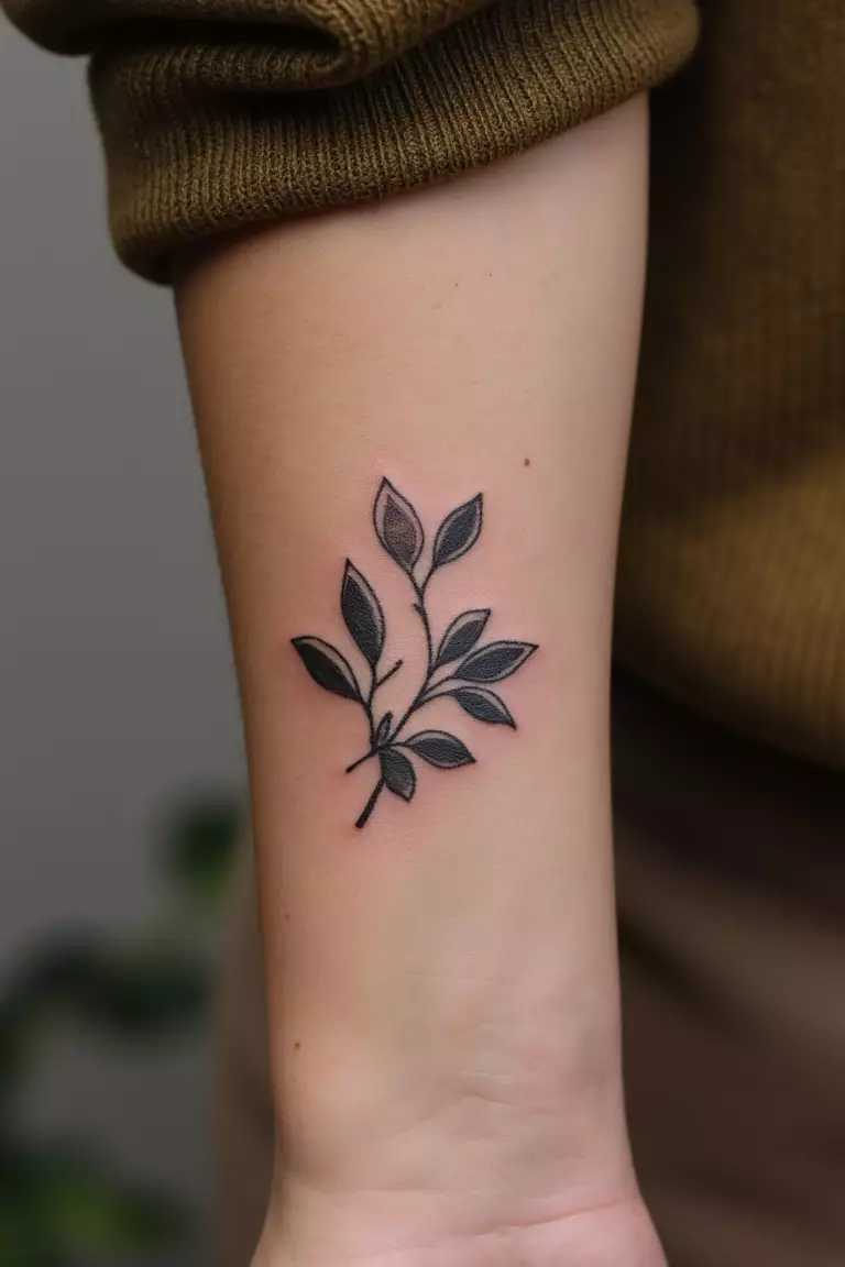 A close up shot of woman's arm with a black ink olive branch wrapped around a wrist tattoo  