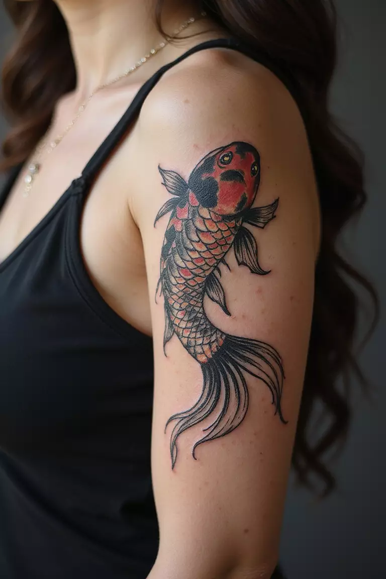 Japanese Irezumi Style A close-up shot of a woman showing her black ink Japanese Irezumi Style Koi Fish tattoo design on her arm