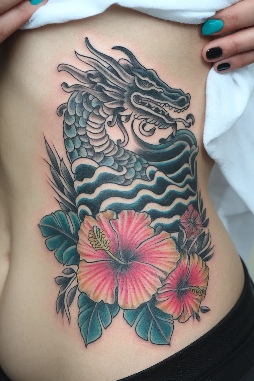 Hibiscus and Water Dragon Hip Tattoo