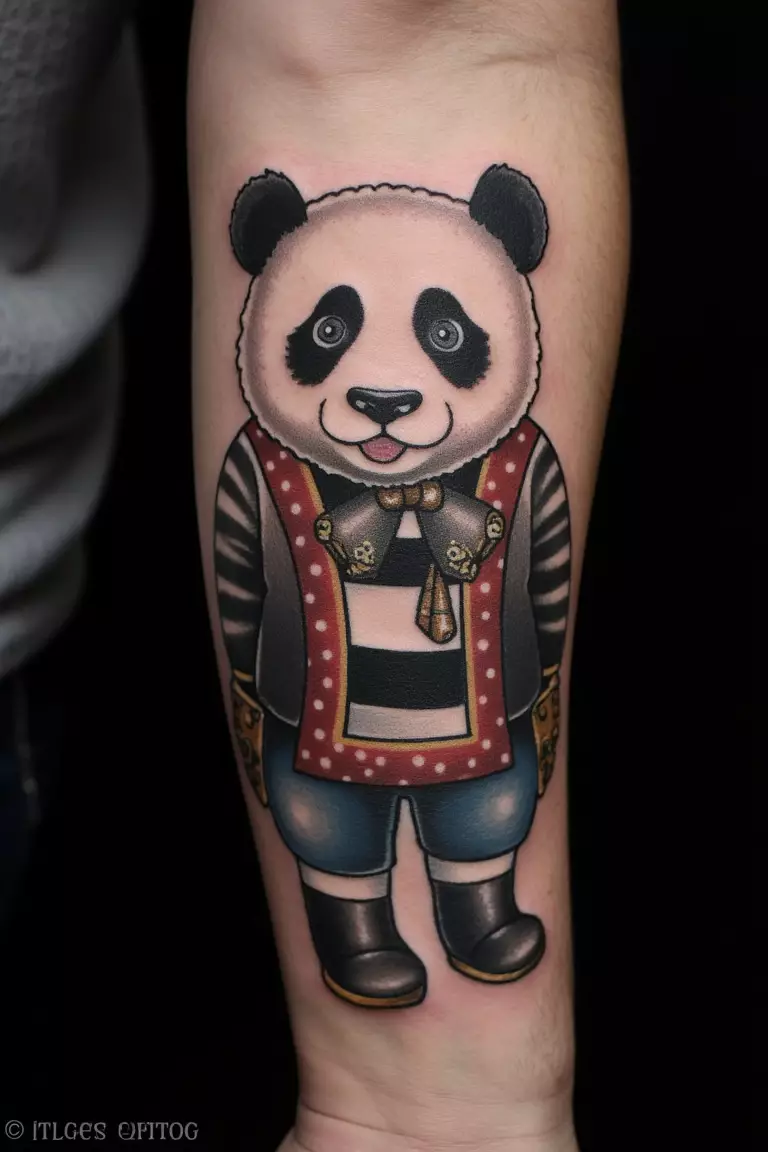 A close up shot of man with a blackwork fancy dressed panda tattoo on his outer forearm.  