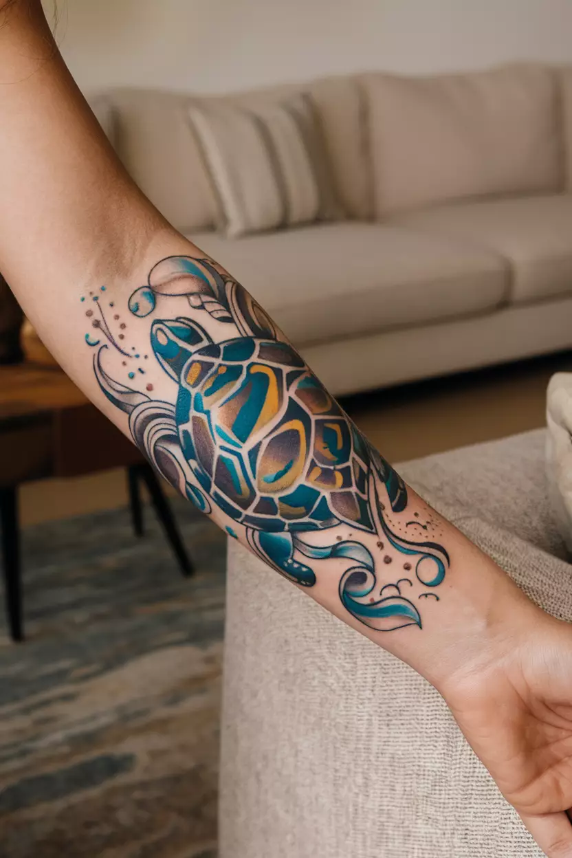 A close-up photo of a woman showing her abstract turtle tattoo on her forearm, featuring swirling colors and shapes that represent movement and fluidity in water, living room background.