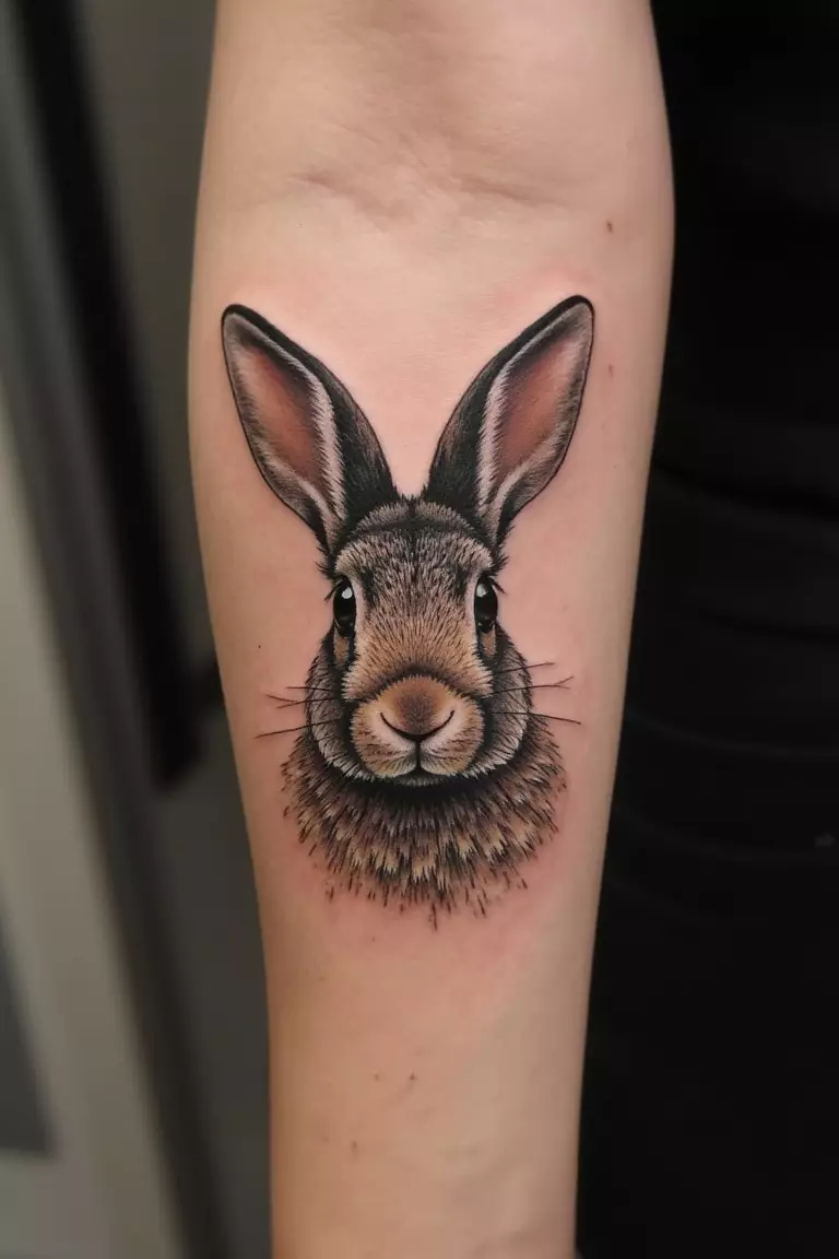 A close up shot of woman's arm with a black ink realistic bunny portrait tattoo  
