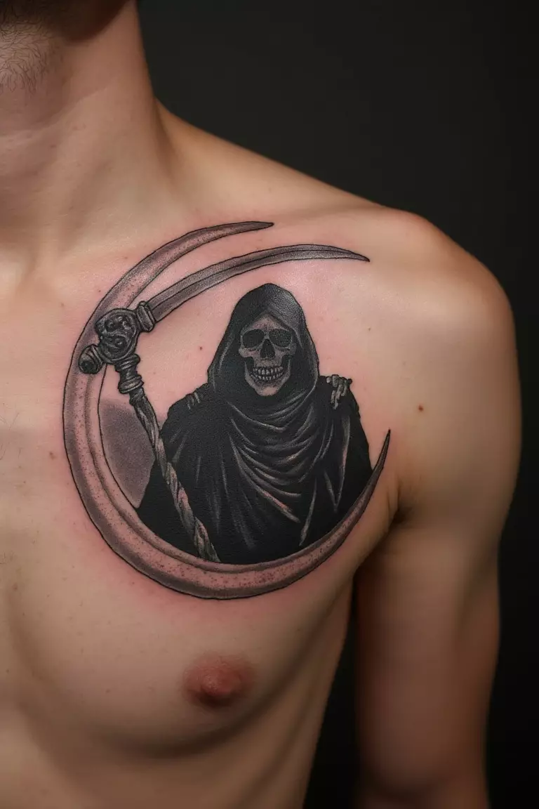 A close up shot of man's shoulder with a black ink grim reaper silhouette inside a crescent moon tattoo  