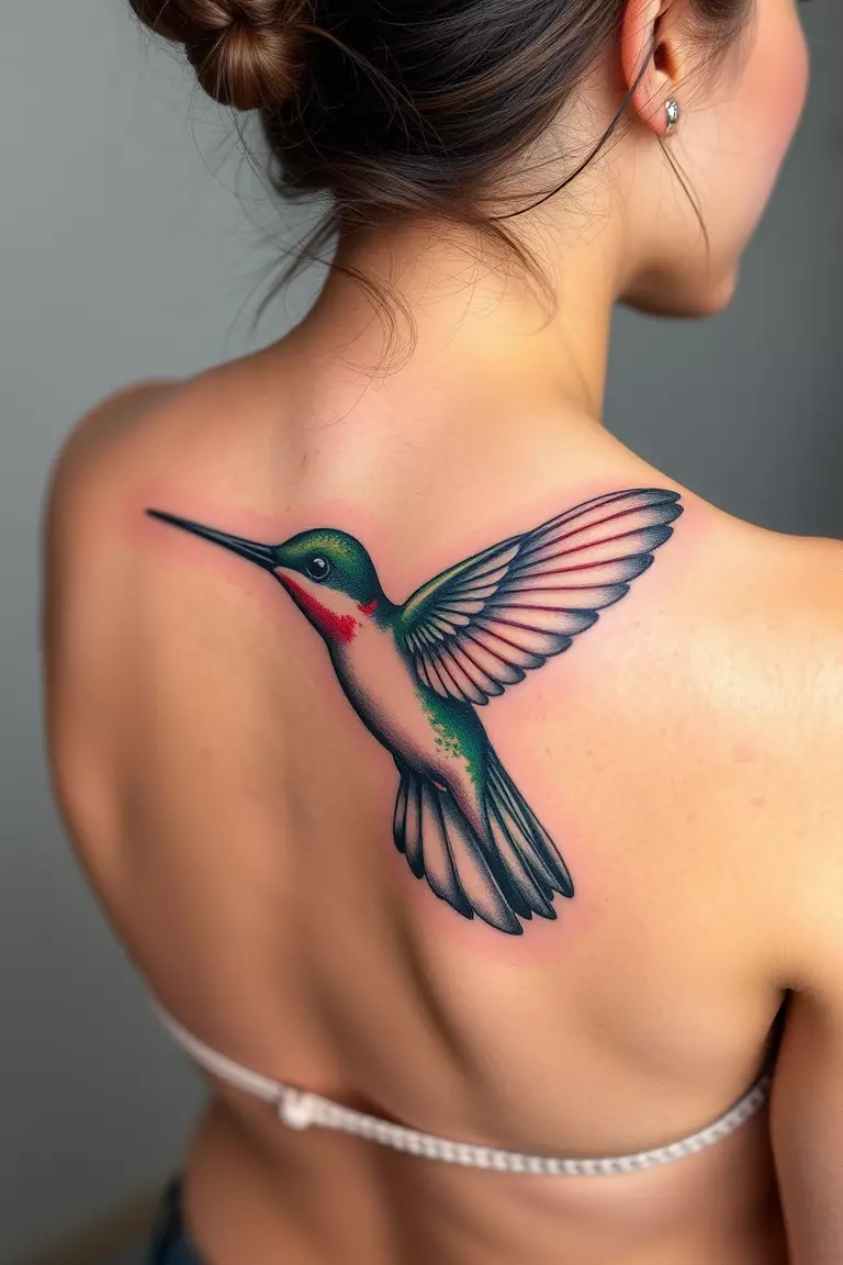 Realistic Hummingbird Tattoo Design on the Upper Back A photo of a woman with a realistic hummingbird tattoo design on her upper back, capturing the bird's details