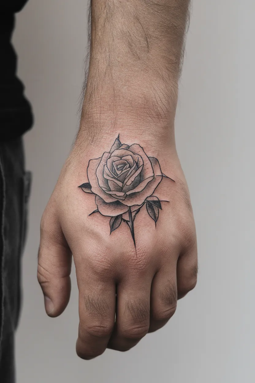 Blackwork Rose Hand Tattoo