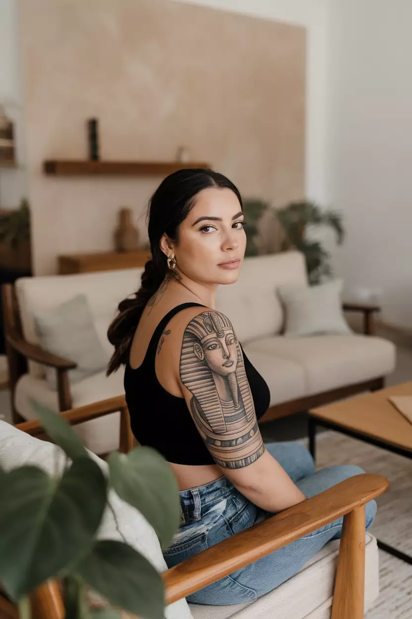 Half Sleeve Anubis and Tutankhamen Tattoo A photo of a woman with a half sleeve Tutankhamen tattoo, living room background