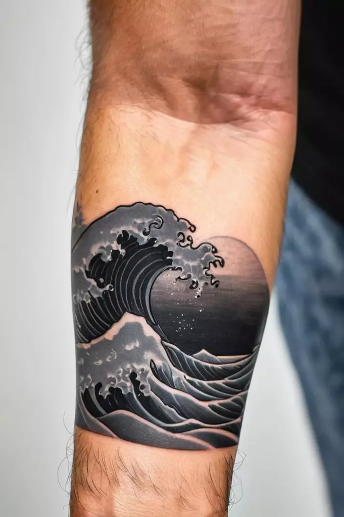 A photo of a man with a black and gray wave armband tattoo on his arm.  