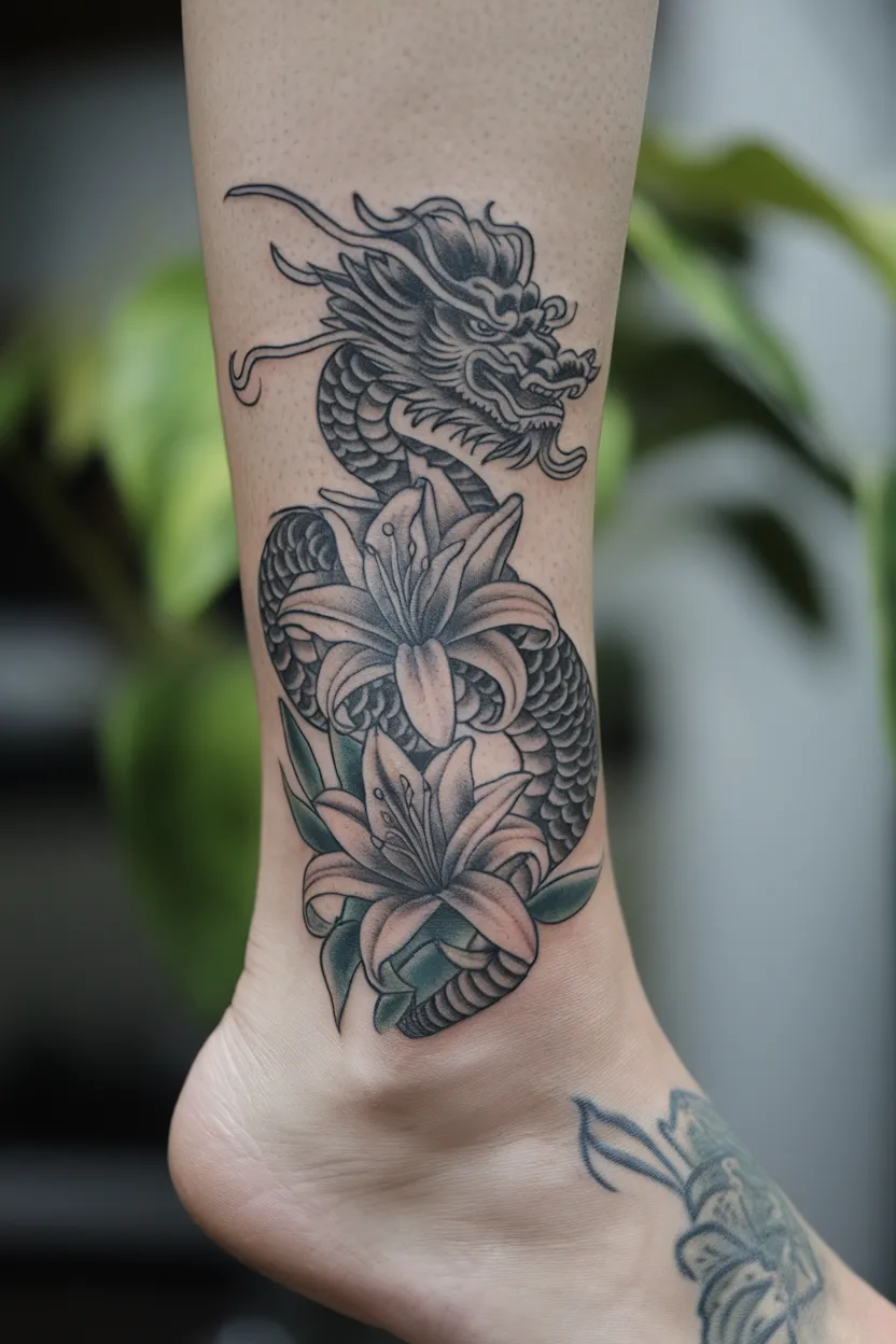 Lily and Chinese Dragon Ankle Tattoo