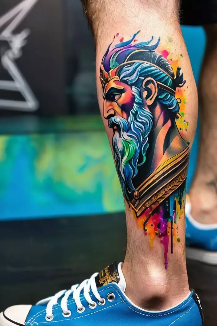A close-up photo of a man showing his colorful Zeus profile men s calf tattoo, highlighting bright splashes of color and a side view of Zeus.  