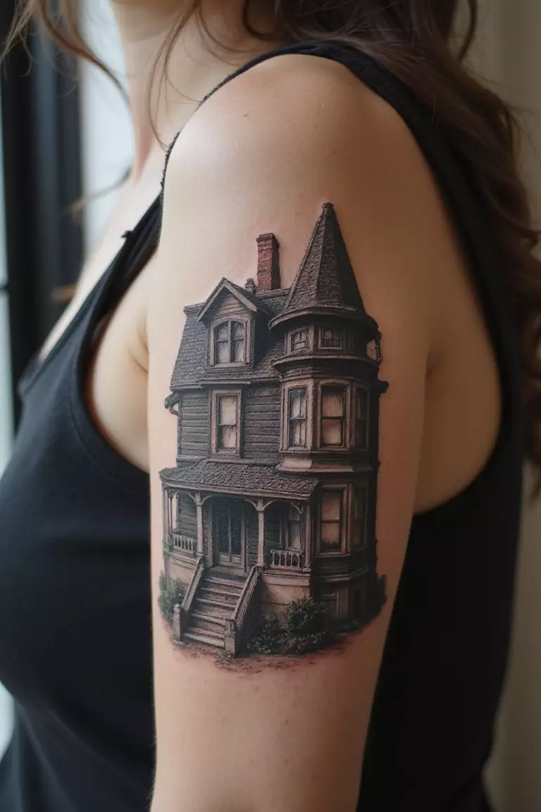 A close-up shot of a woman showing her black ink detailed Victorian house tattoo on her arm.