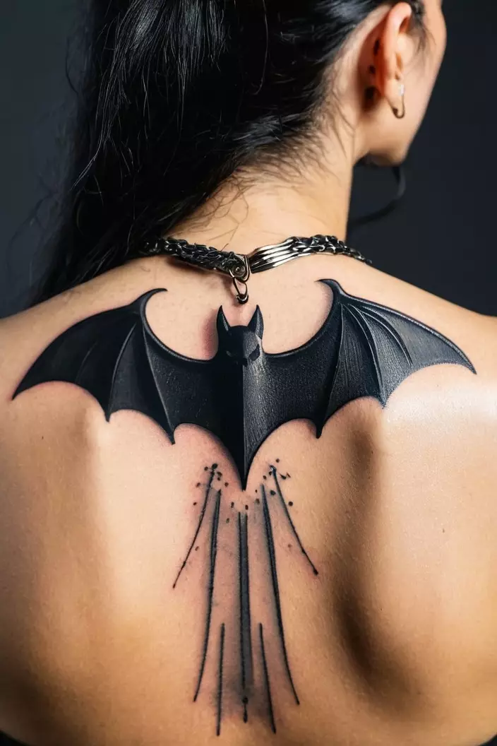 A close-up photo of a woman showing her blackout bat tattoo, completely filled in black, on her upper back.  