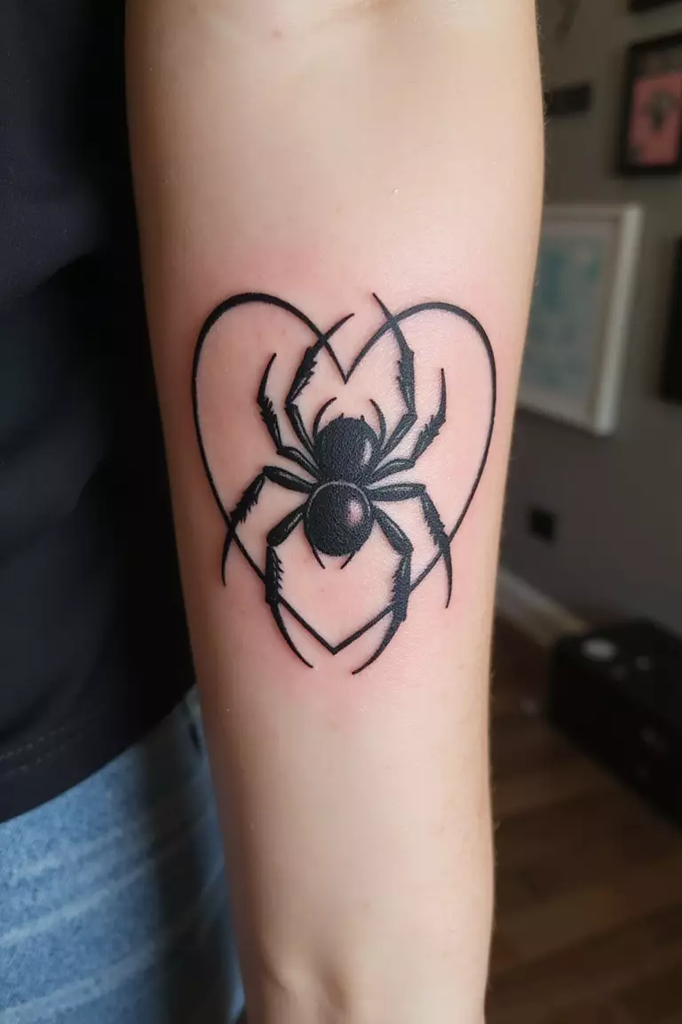 A close-up shot of a woman's arm with a black ink tattoo of a spider whose legs are shaped to form a heart, or a spider inside a heart outline.