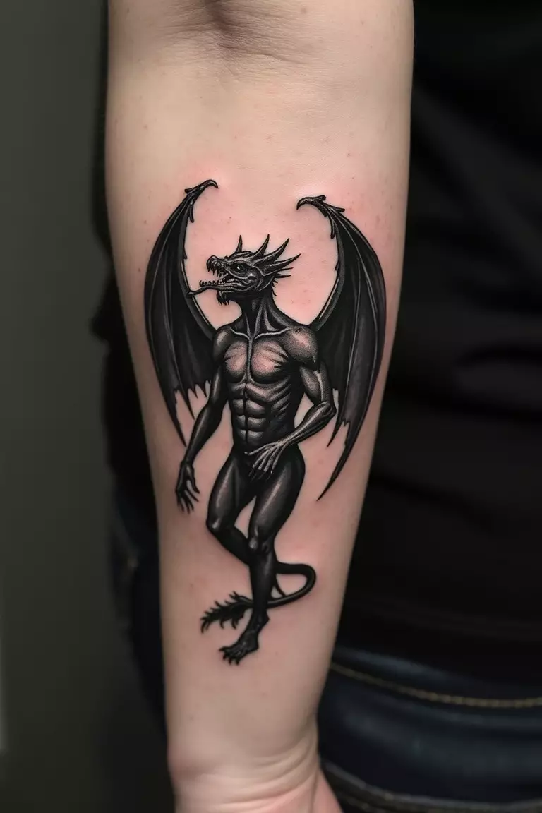 A close-up shot of a woman's arm with a black ink tattoo of a gargoyle.