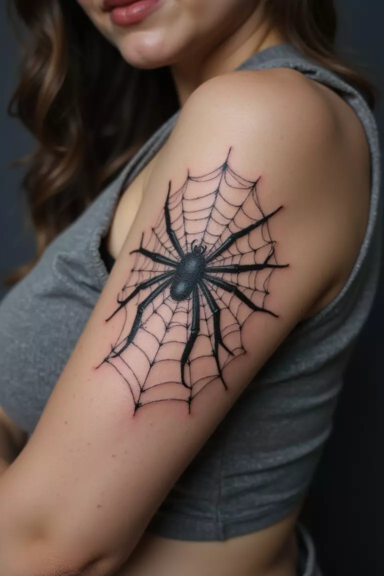 A close-up shot of a woman's arm with a black ink tattoo of a spiderweb.