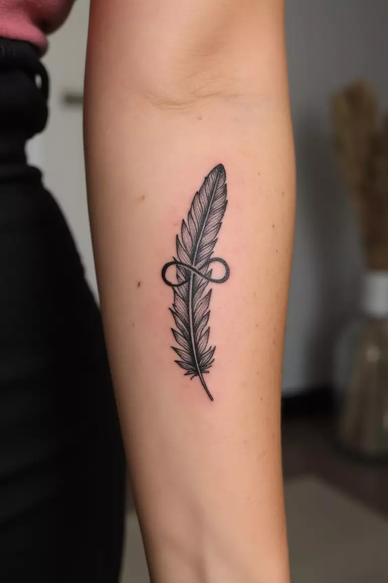 A close up shot of woman's arm with a black ink infinity feather tattoo, feather morphing into infinity symbol