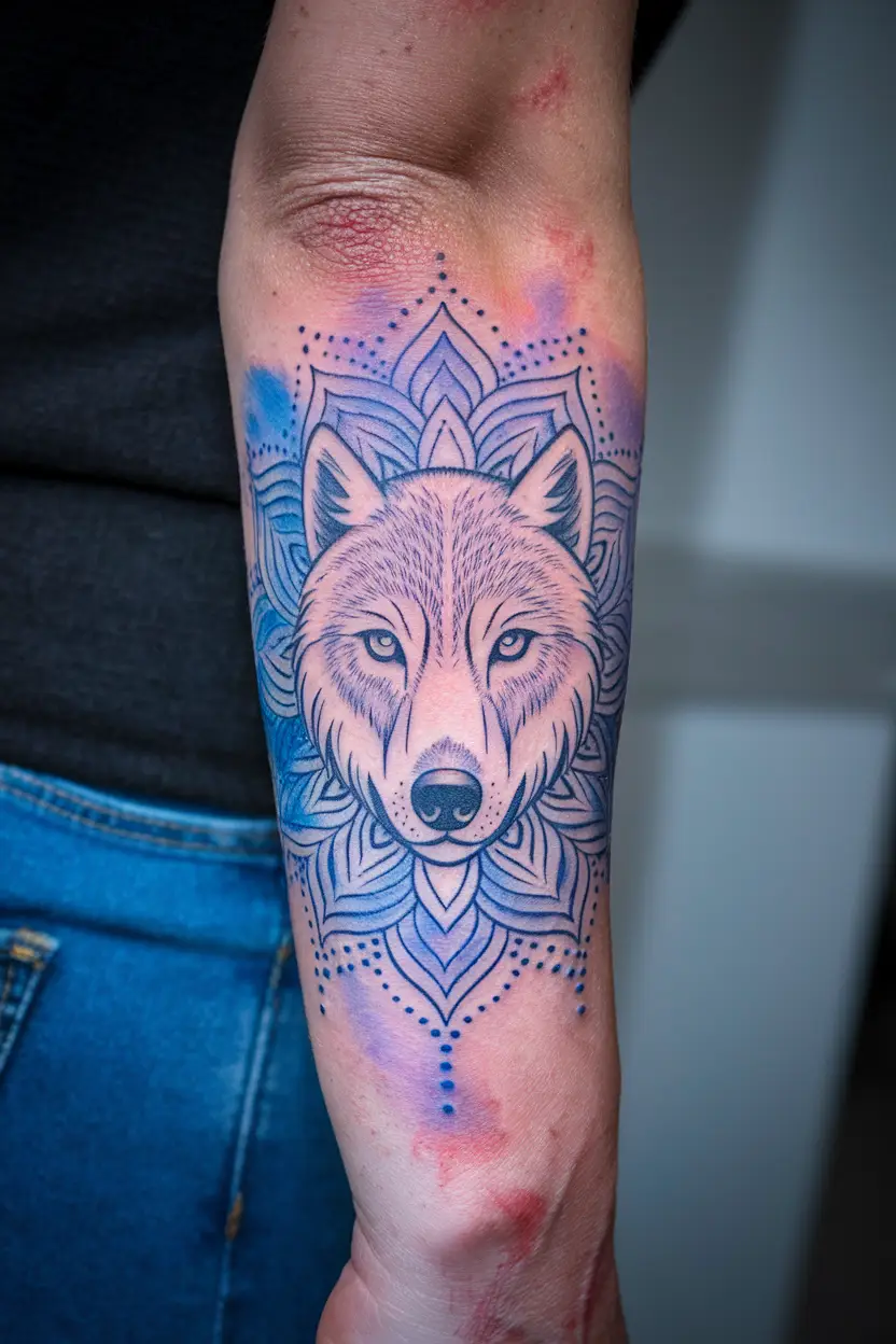 Wolf and Mandala Forearm Tattoo