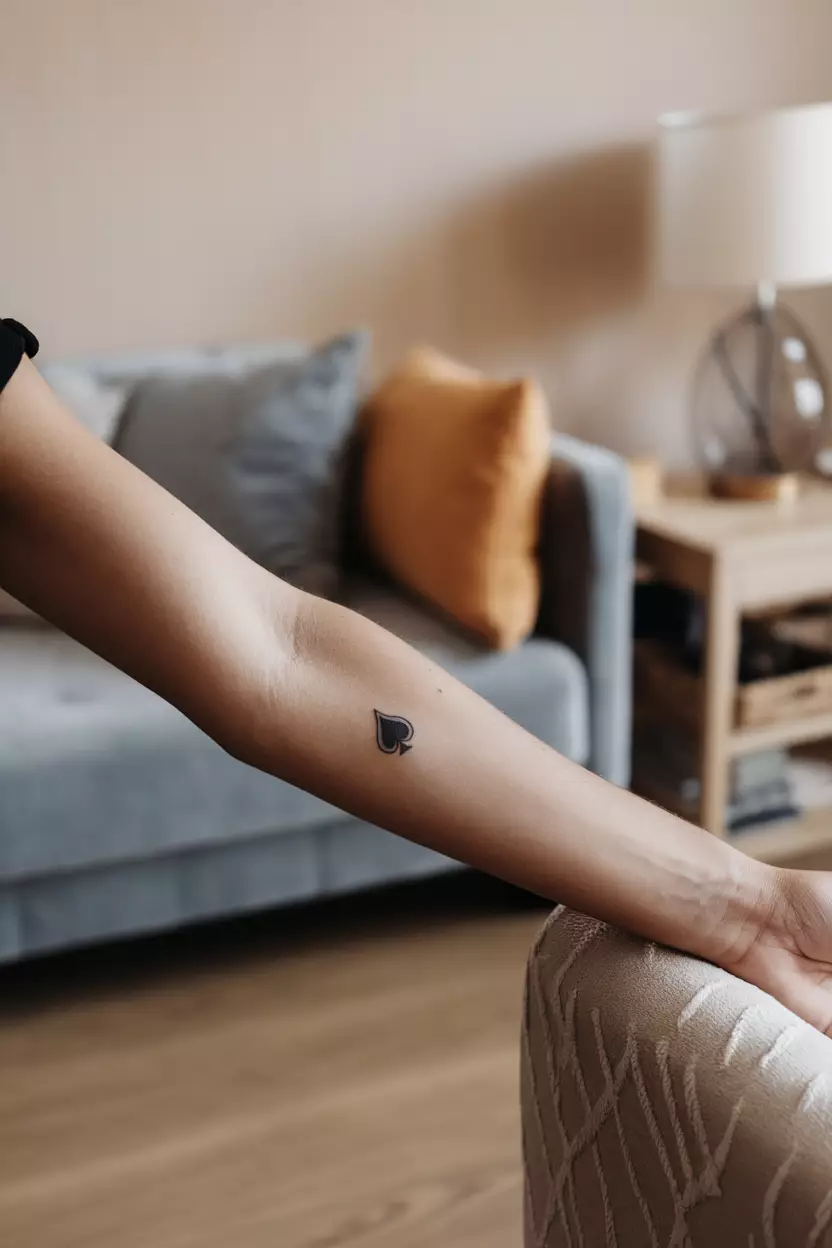 Tiny Spade Card A close-up photo of a woman showing her tiny spade card tattoo in black ink, tattoo design, living room background