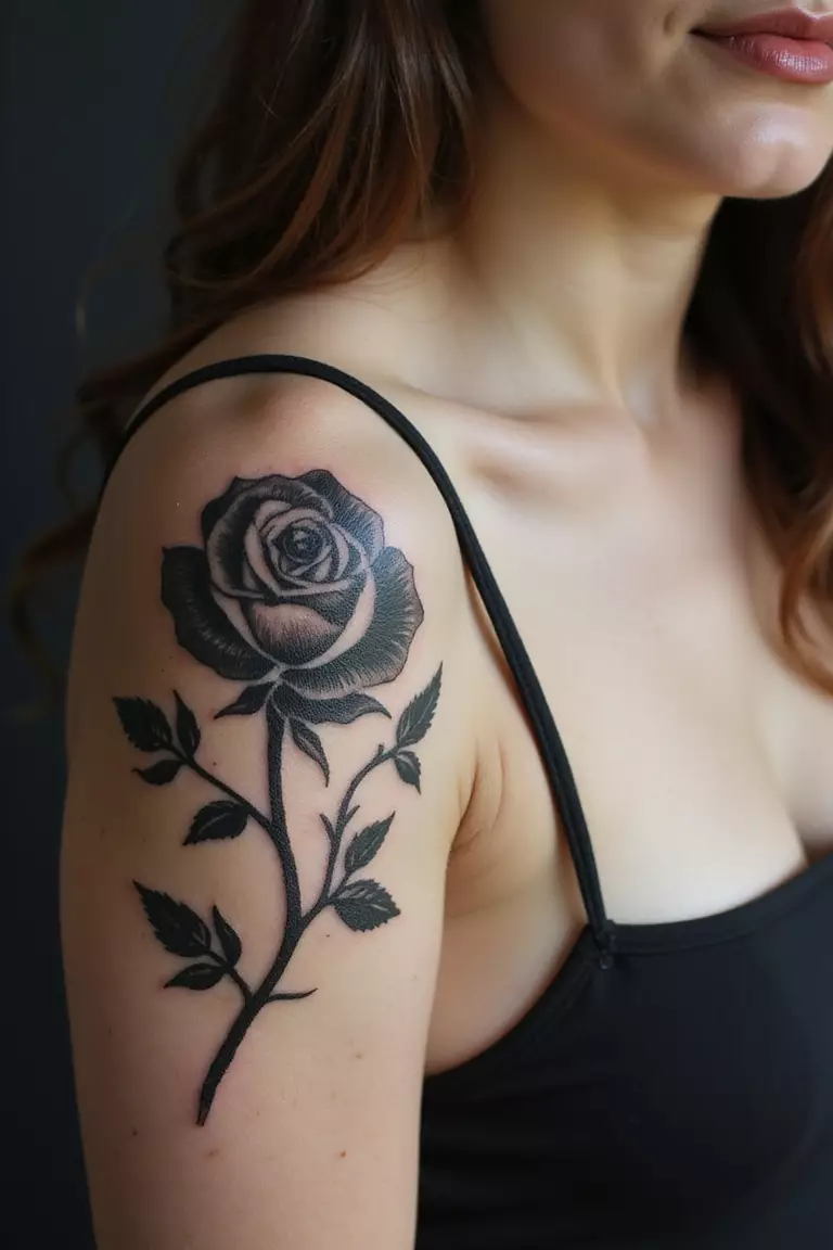 A close-up shot of a woman showing her black ink fragmented rose tattoo with parts slightly separated on her arm.