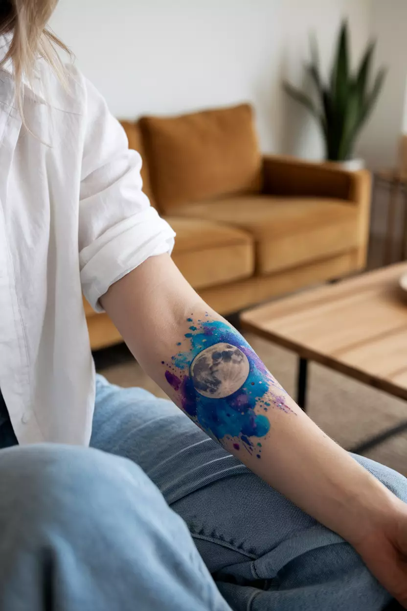 A close-up photo of a woman showing her vibrant watercolor-style moon tattoo with splashes of blue and purple, tattoo design, living room background