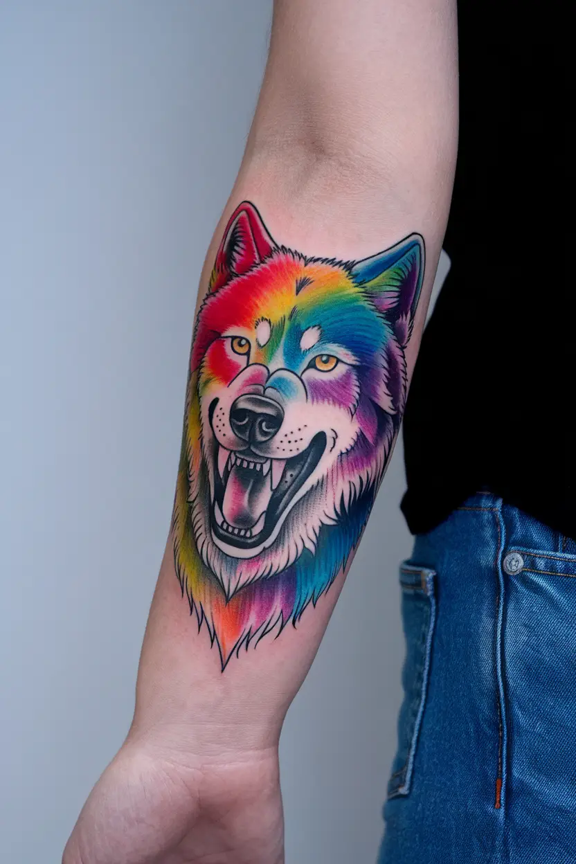 Rainbow Color Wolf Outline Tattoo
