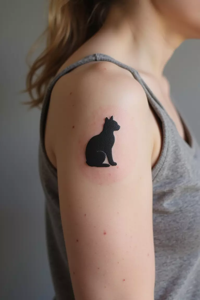A close-up shot of a woman's arm with a black ink tattoo of a simple black silhouette of a sitting cat.