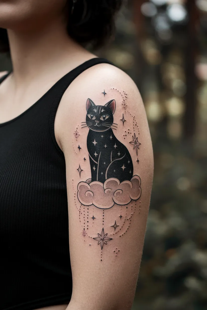 Black Cat With Stars and Clouds